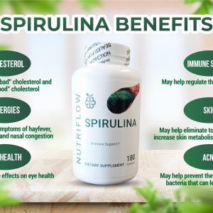 Natural Spirulina Capsules Super Green Powder Supplement | Spirulina Powder Nutri Flow Superfood 500mg | Non-GMO Vegan Vegetable Rich in Vegan Protein 180 Capsules