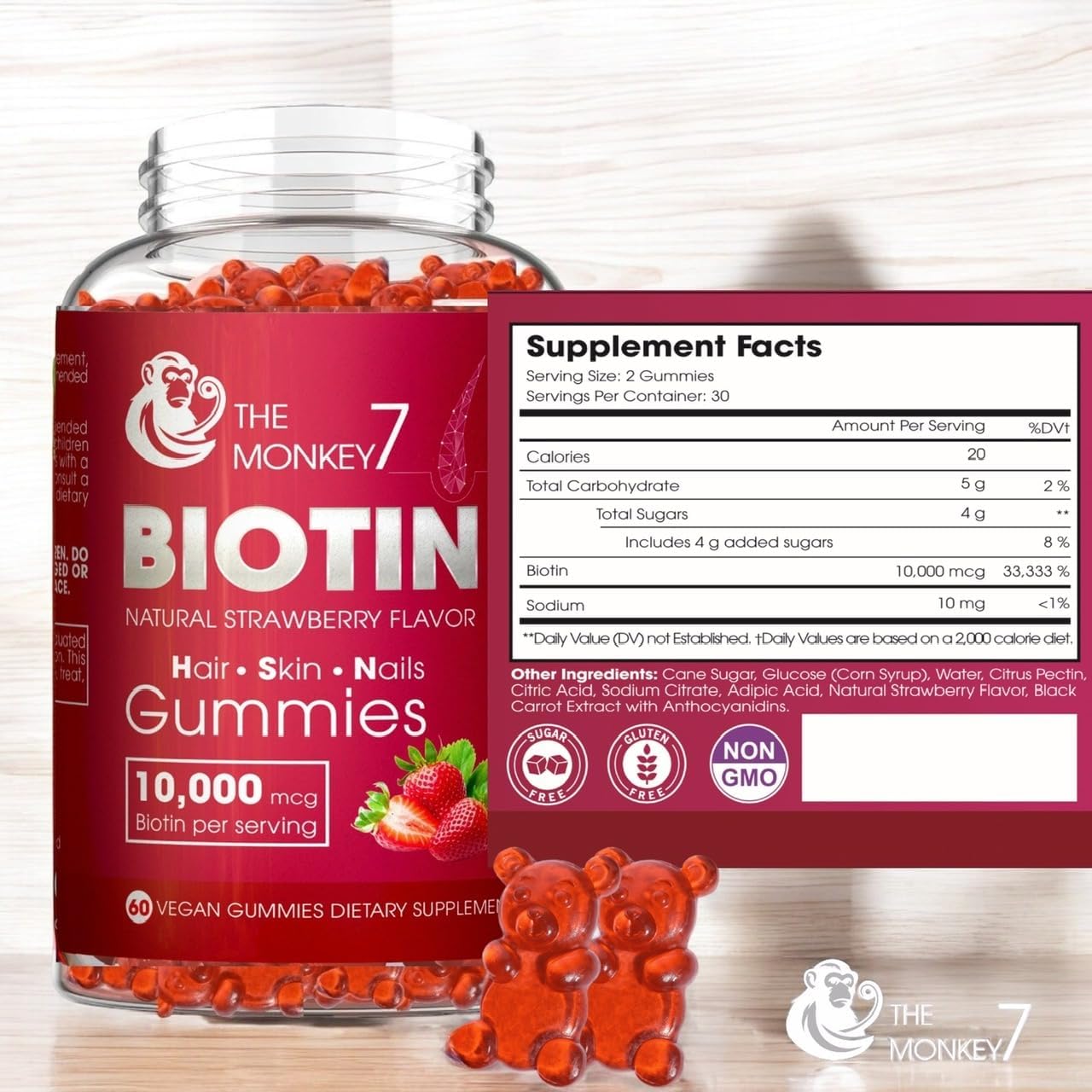Biotin Gummy Bears Hair Growth Products Biotin 10000mcg | Biotin Gummies Hair Skin and Nails Vitamins Sugar free Non GMO Gluten Free 60 Gummies 30 Day Supply - 2 Pack - Image 3