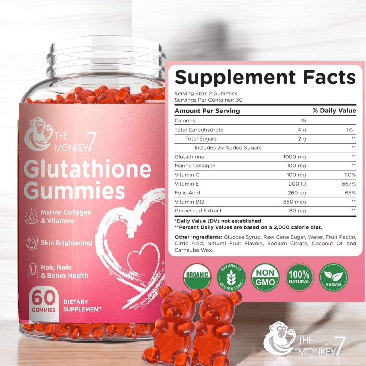 Glutathione Skin Whitening Gummies Natural Collagen Anti Aging 1000Mg (2 Pack) - Image 3